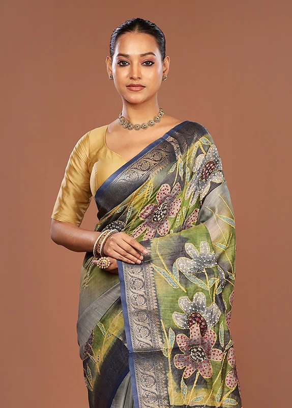 Multicolor Handloom Tussar Pure Silk Saree With Blouse Piece One Size