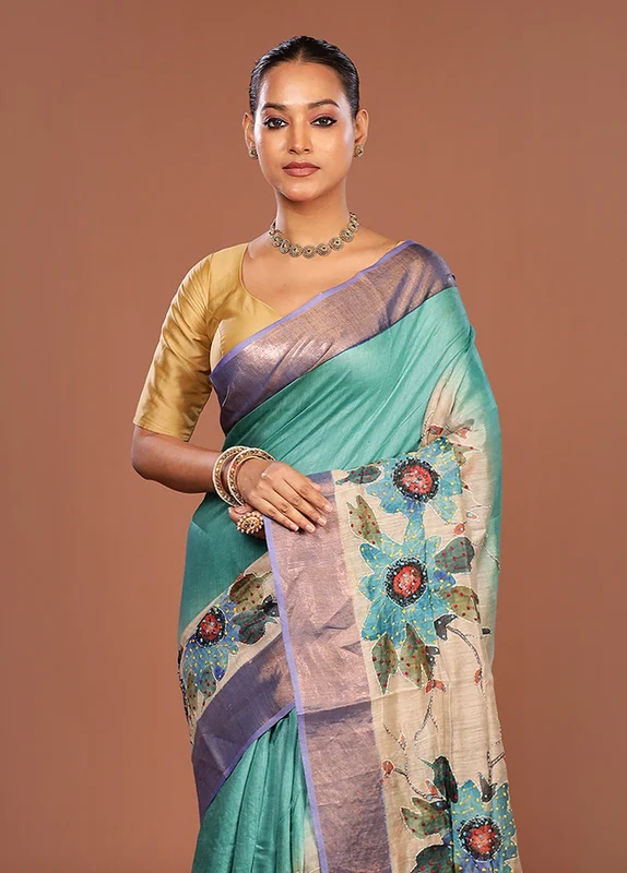 Multicolor Handloom Tussar Pure Silk Saree With Blouse Piece One Size