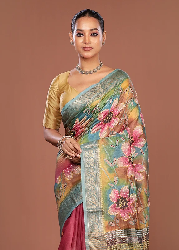 Multicolor Handloom Tussar Pure Silk Saree With Blouse Piece One Size