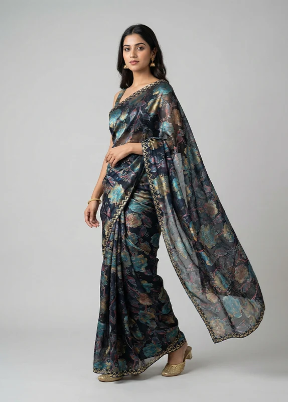 Black Organza Saree With Blouse Piece One Size