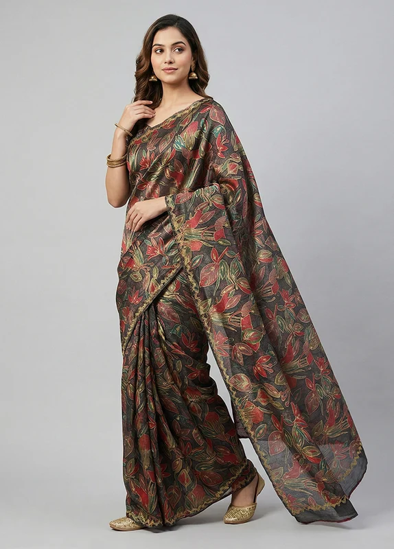 Black Organza Saree With Blouse Piece One Size