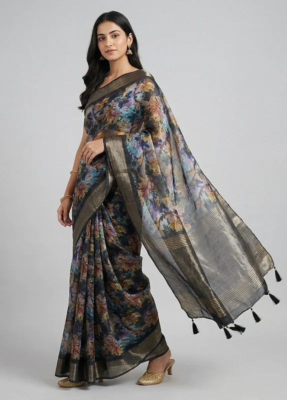 Black Organza Saree With Blouse Piece One Size