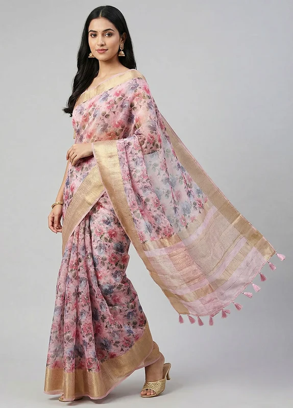 Pink Organza Saree With Blouse Piece One Size