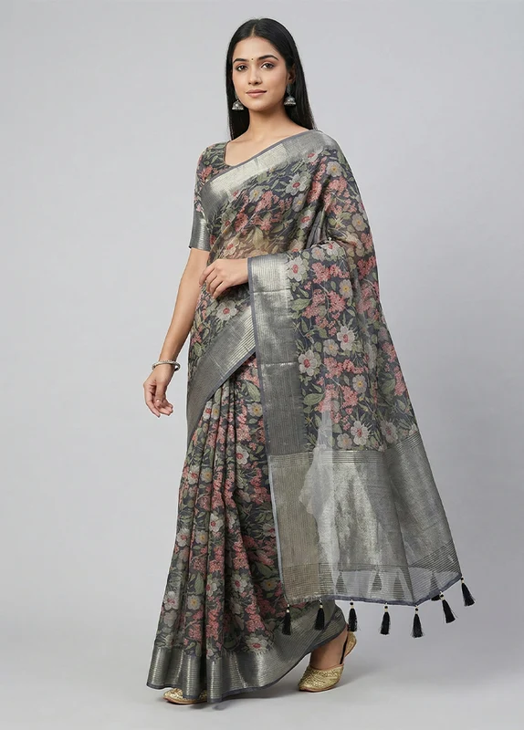 Green Organza Saree With Blouse Piece One Size