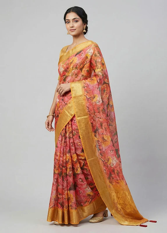 Pink Organza Saree With Blouse Piece One Size