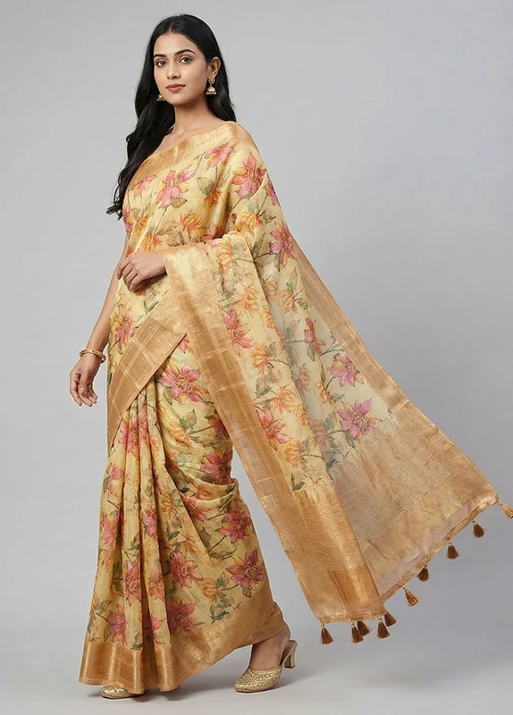 Green Organza Saree With Blouse Piece One Size