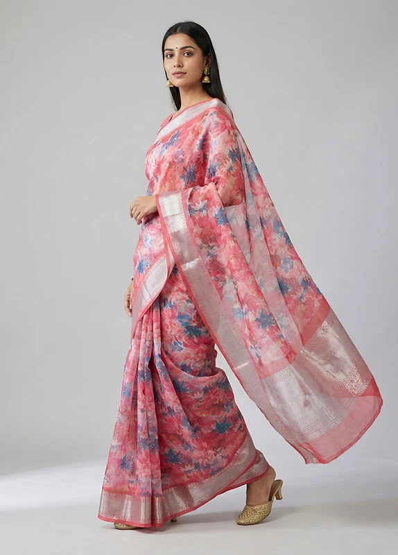 Pink Organza Saree With Blouse Piece One Size