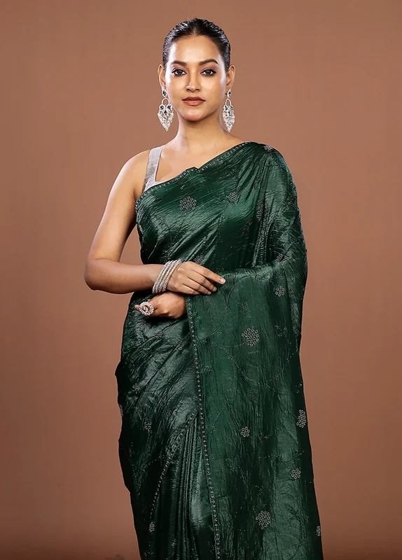 Green Tissue Silk Saree With Blouse Piece One Size