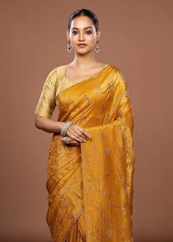 Yellow Tissue Silk Saree With Blouse Piece One Size
