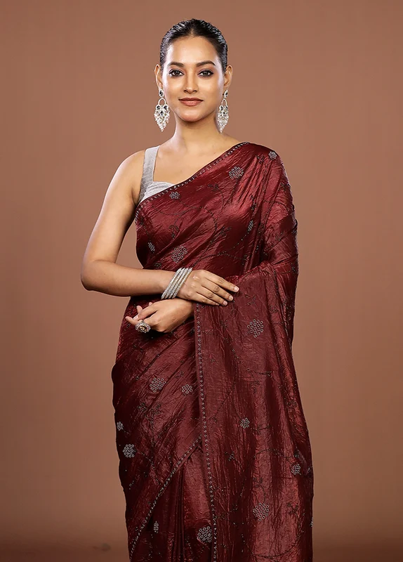 Maroon Tissue Silk Saree With Blouse Piece One Size