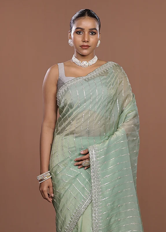 Green Tissue Silk Saree With Blouse Piece One Size