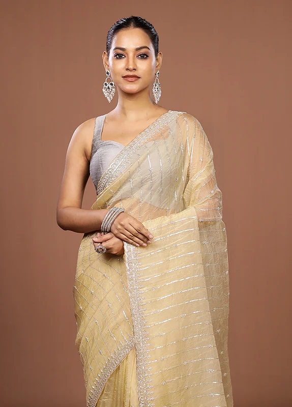 Cream Tissue Silk Saree With Blouse Piece One Size