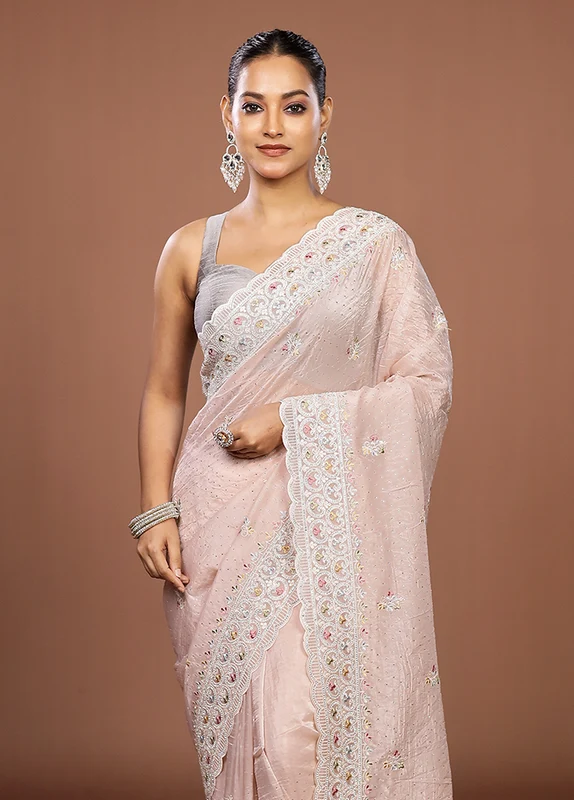Pink Tissue Silk Saree With Blouse Piece One Size