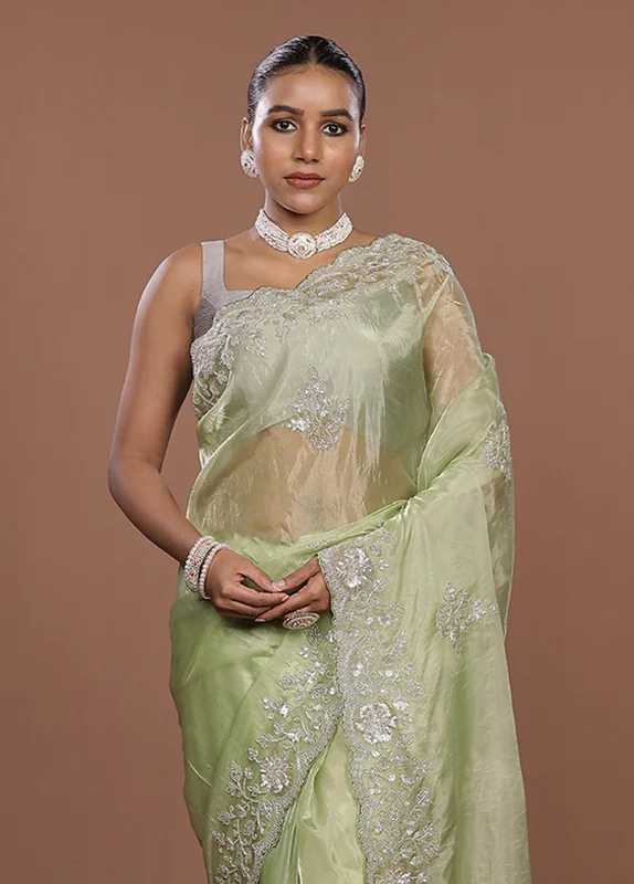 Green Tissue Silk Saree With Blouse Piece One Size