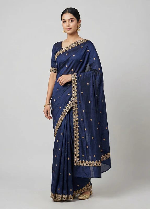 Blue Dupion Silk Saree With Blouse Piece One Size