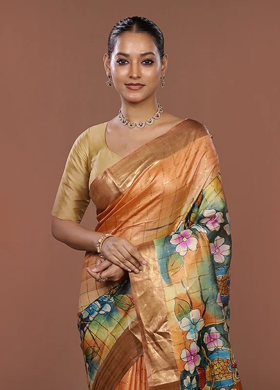 Cream Handloom Tussar Pure Silk Saree With Blouse Piece One Size