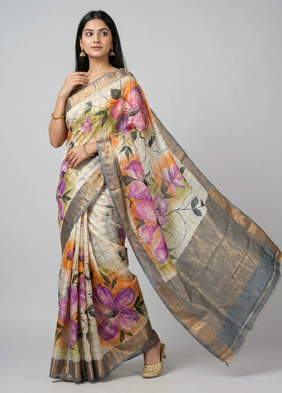 Cream Handloom Tussar Pure Silk Saree With Blouse Piece One Size