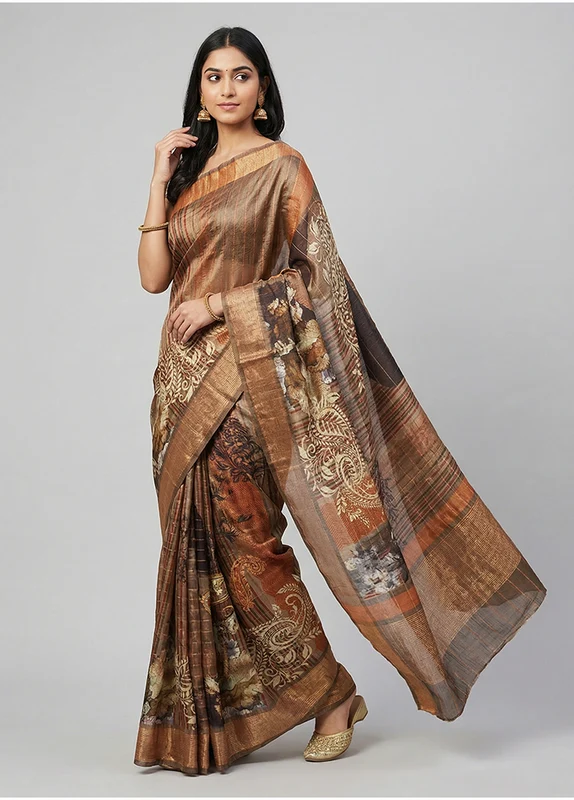 Peach Handloom Tussar Pure Silk Saree With Blouse Piece One Size
