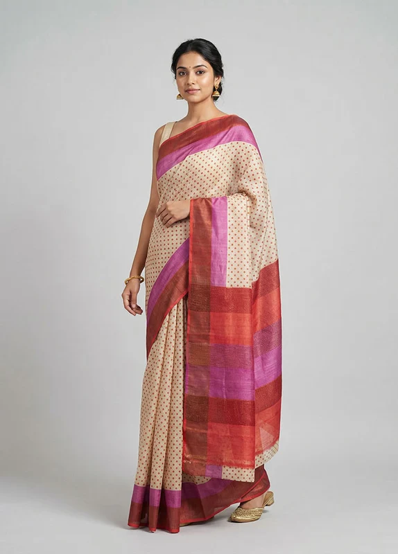 Cream Tussar Silk Saree With Blouse Piece One Size