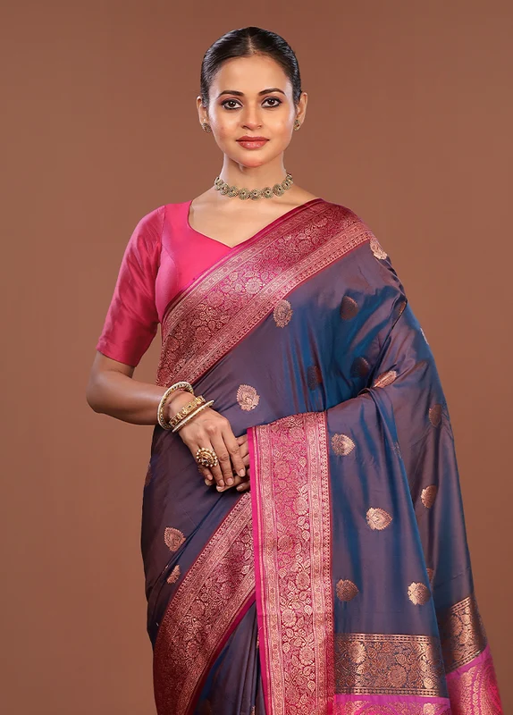 Blue Katan Silk Saree With Blouse Piece One Size