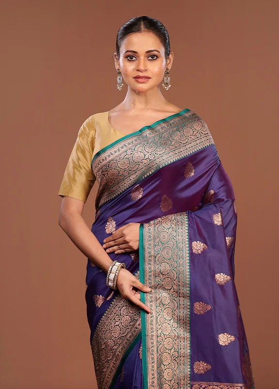 Purple Katan Silk Saree With Blouse Piece One Size