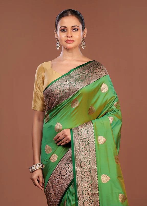 Green Katan Silk Saree With Blouse Piece One Size