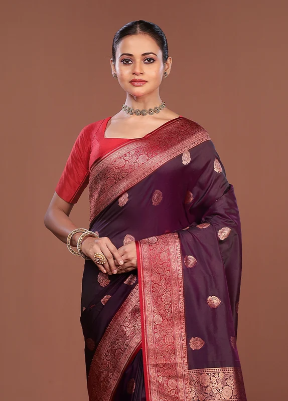 Purple Katan Silk Saree With Blouse Piece One Size