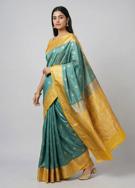 Green Katan Silk Saree With Blouse Piece One Size