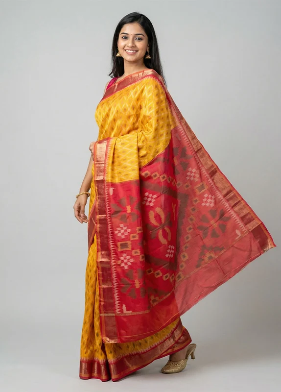Yellow Dupion Silk Saree With Blouse Piece One Size