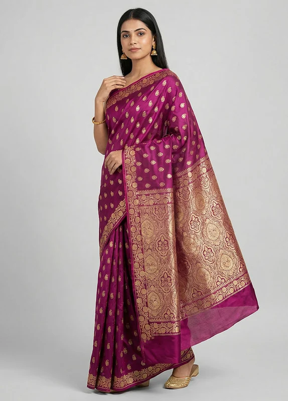 Purple Banarasi Silk Saree With Blouse Piece One Size