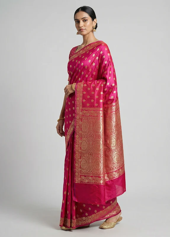 Pink Banarasi Silk Saree With Blouse Piece One Size