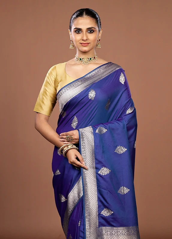 Blue Katan Silk Saree With Blouse Piece One Size