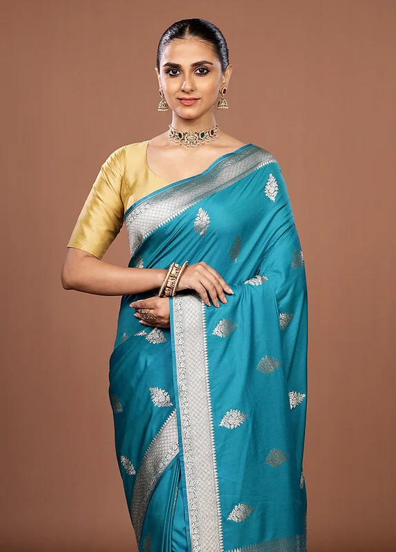 Blue Katan Silk Saree With Blouse Piece One Size