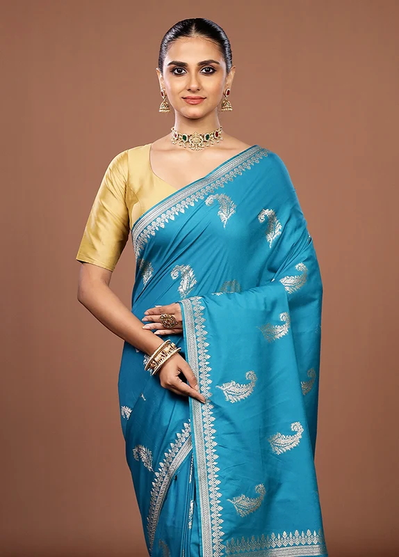 Blue Katan Silk Saree With Blouse Piece One Size