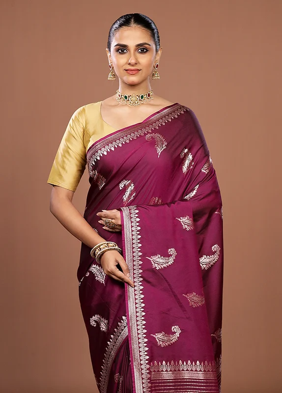 Purple Katan Silk Saree With Blouse Piece One Size