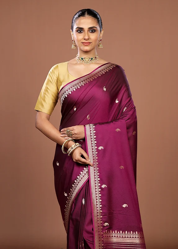 Purple Katan Silk Saree With Blouse Piece One Size