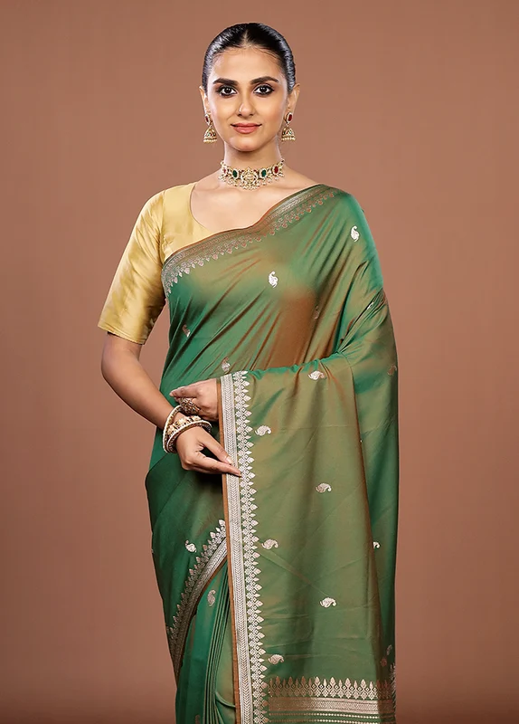 Green Katan Silk Saree With Blouse Piece One Size