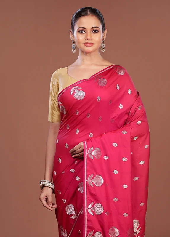Pink Katan Silk Saree With Blouse Piece One Size