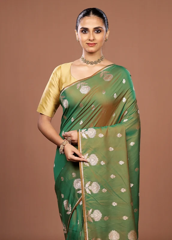 Green Katan Silk Saree With Blouse Piece One Size