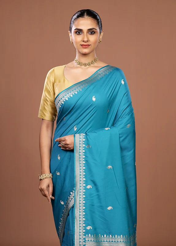 Blue Katan Silk Saree With Blouse Piece One Size
