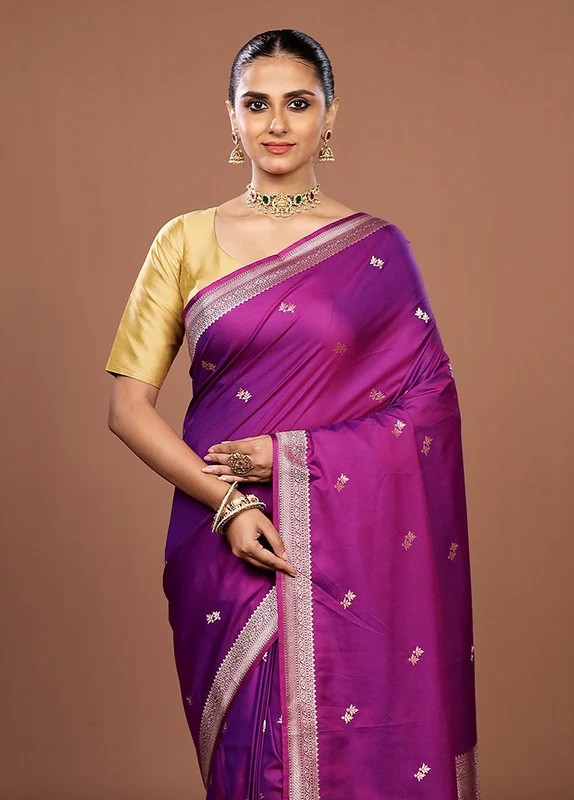 Purple Katan Silk Saree With Blouse Piece One Size