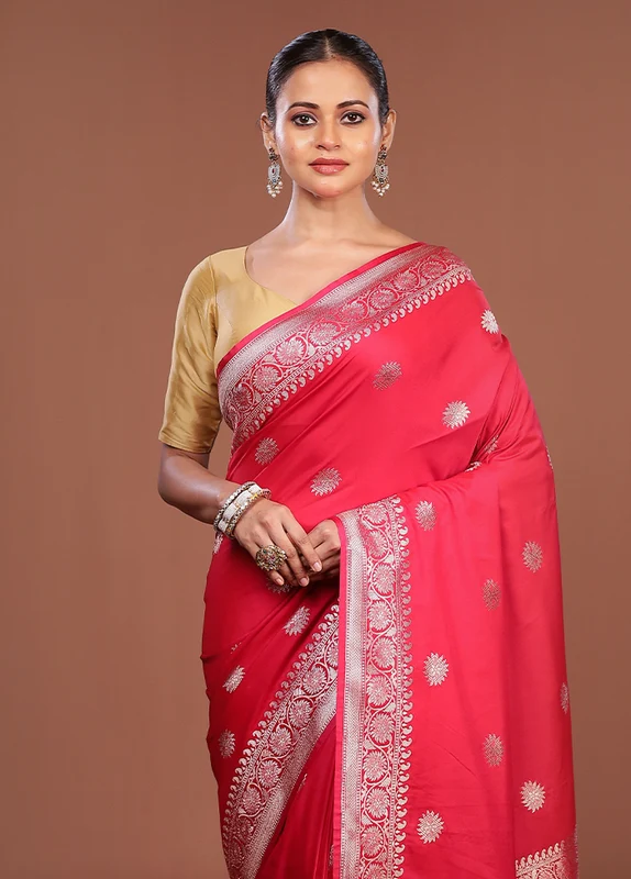Red Katan Silk Saree With Blouse Piece One Size
