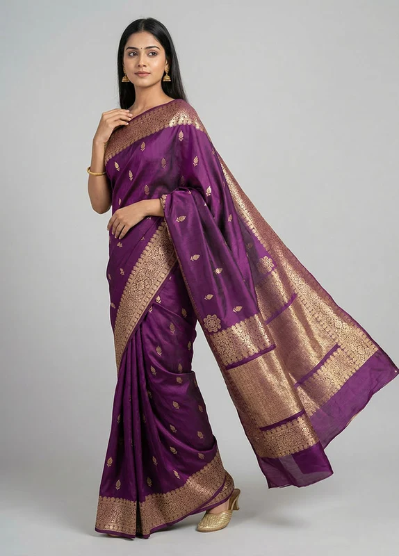 Purple Katan Silk Saree With Blouse Piece One Size