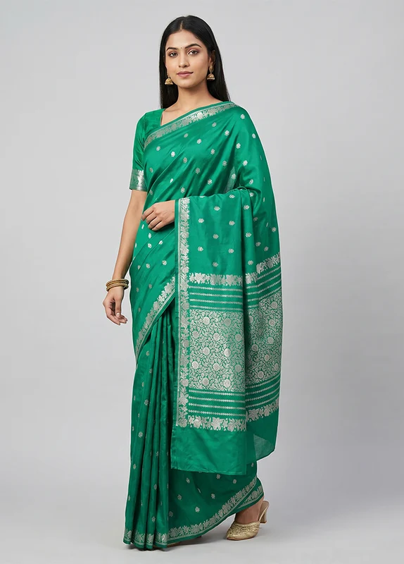 Green Katan Silk Saree With Blouse Piece One Size