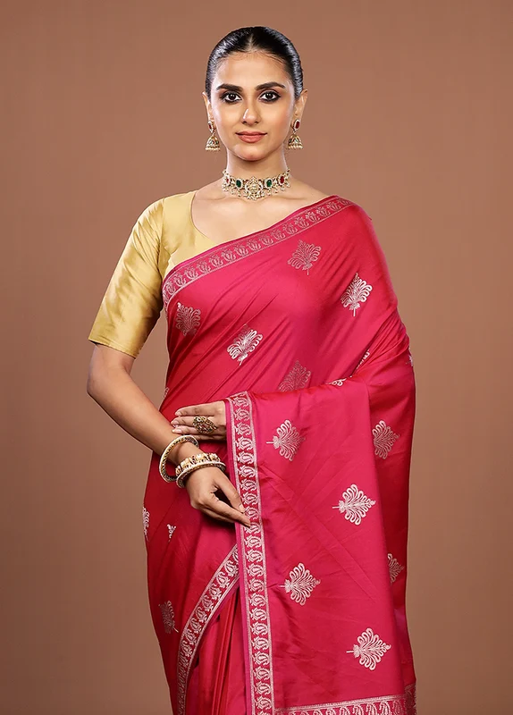 Pink Katan Silk Saree With Blouse Piece One Size