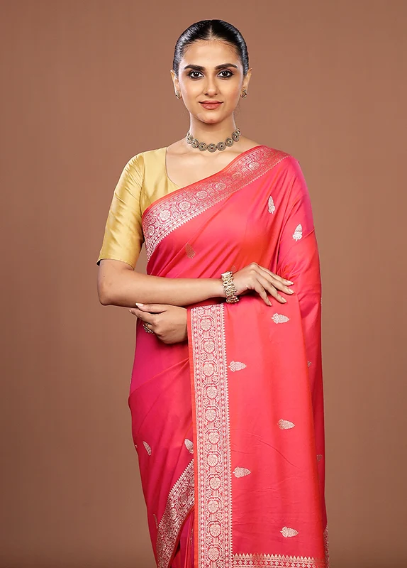 Pink Katan Silk Saree With Blouse Piece One Size