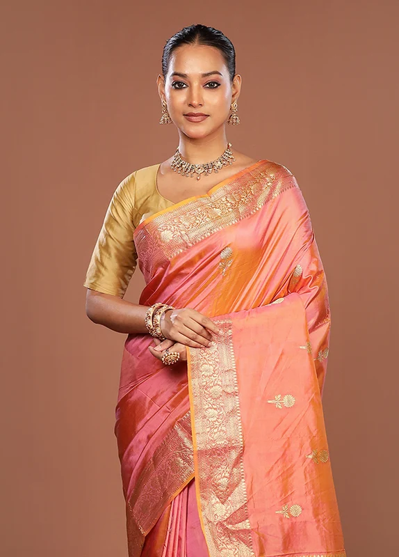 Pink Handloom Katan Pure Silk Saree With Blouse Piece One Size