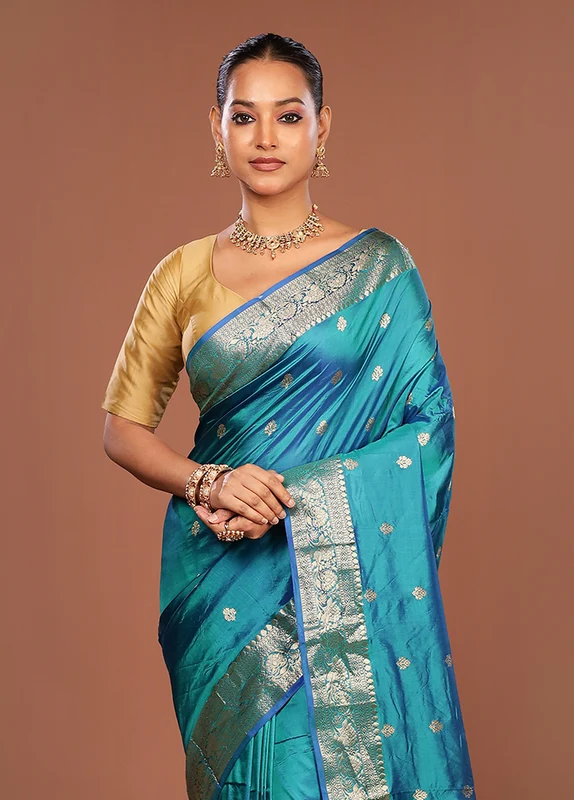 Blue Handloom Katan Pure Silk Saree With Blouse Piece One Size