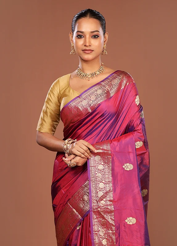 Purple Handloom Katan Pure Silk Saree With Blouse Piece One Size