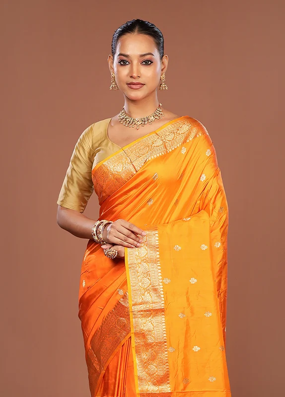 Orange Handloom Katan Pure Silk Saree With Blouse Piece One Size